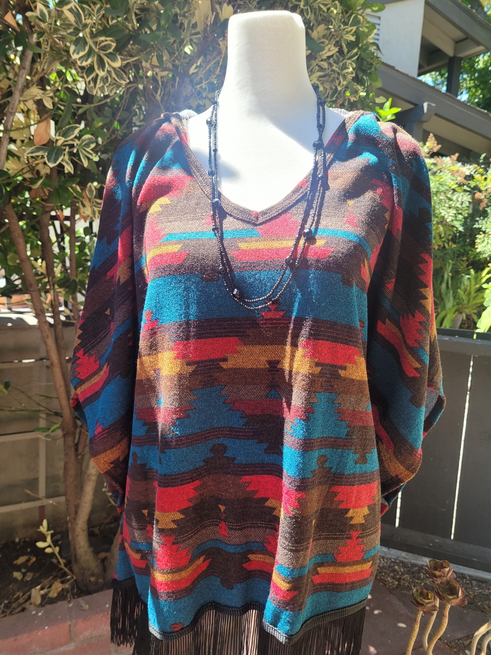 Lavish Aztec V-Neck Fringe Tunic - Teal Multi